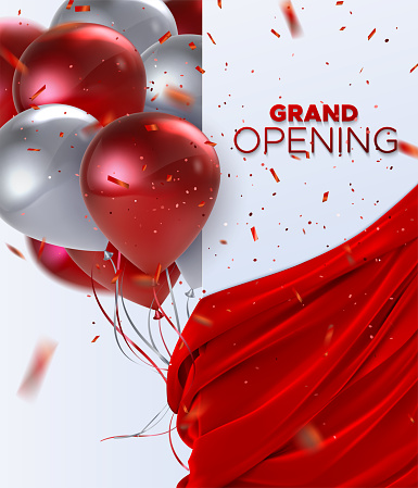 Grand Opening. Business startup open ceremony. Vector illustration. Marketing event label. Abstract background with flying balloons, silky red fabric and falling confetti. Announcement banner template