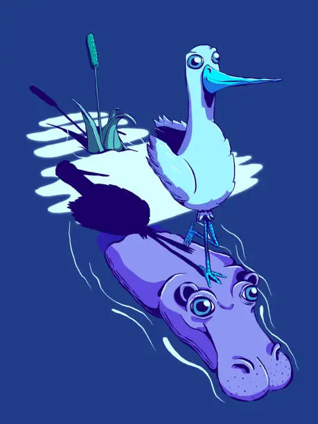 Vector illustration of Funny cartoon illustration - Bird riding a hippopotamus.