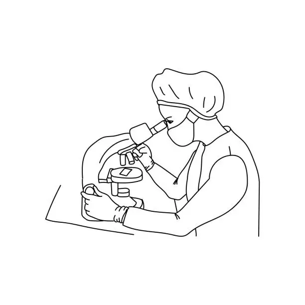 Vector illustration of Laboratory research, a man in a medical mask and protective clothing looks through a microscope, an outline drawing on a medical theme