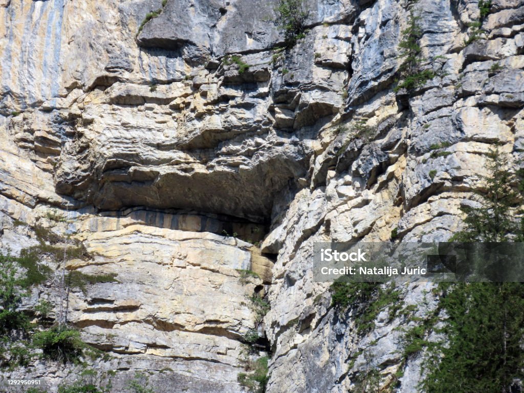 Stones and rocks in the canyon of the alpine stream Giessbach and in the eponymous nature park, Brienz - Canton of Bern, Switzerland (Kanton Bern, Schweiz) Adventure Stock Photo