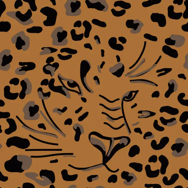 Vector illustration of Abstract illustration with leopard face. Vector seamless pattern with wild animal head. Tiger print with black spots on brown background. Textile design, digital paper, safari texture, cheetah, jaguar