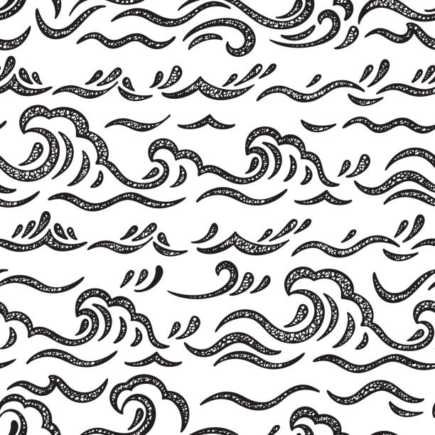 Sea Waves Vector Seamless pattern. Hand drawn Doodle Black Wave. Black and White Cartoon Sea or Ocean Background Sea Waves Vector Seamless pattern. Hand drawn Doodle Black Wave. Black and White Cartoon Sea or Ocean Background spume stock illustrations