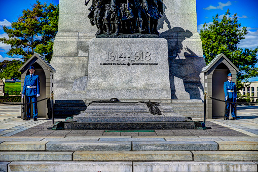 Ottawa, Ontario - September 29, 2017: Canadian Military on guard at the War Memorial in Ottawa Ontario