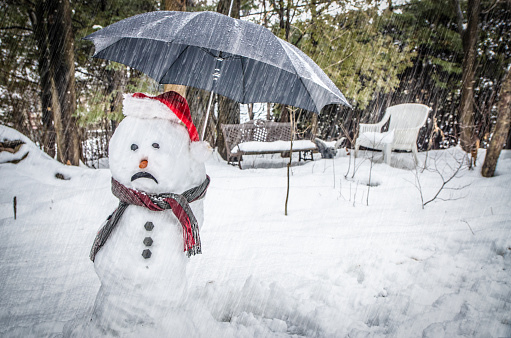 Sad snowman with umbrella under rain in forest during day of winter