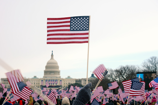 Presidential Inauguration.  Flags wave at Washington Mall near the capital.