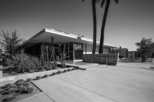 Palm Springs, California - February 13, 2016: Iconic mid-century architecture of homes and commercial buildings in Palm Springs California