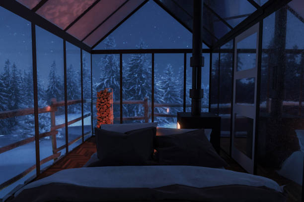 representación en 3d de acogedora cabaña con paneles de cama y vidrio en el bosque cubierto de nieve - blue outdoors nobody switzerland fotografías e imágenes de stock