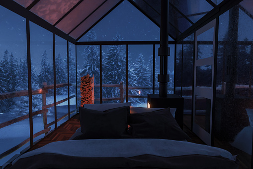 3d rendering of cozy hut with bed and glass panels at snow covered forest