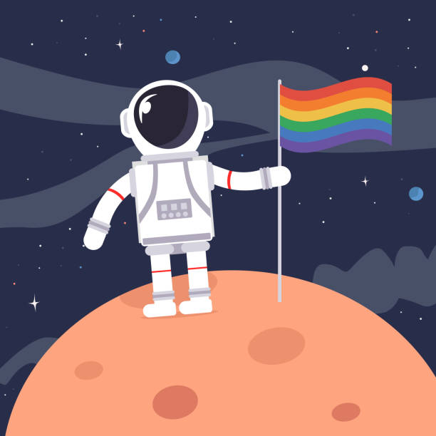 istock Astronaut on the moon with a gay flag stuck in the ground 1292964965
