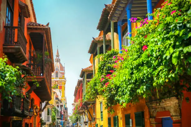 Cartagena, Columbia - April 4, 2017: Lush balcony planters along the street looking towards town square in the old town of Cartagena Columbia