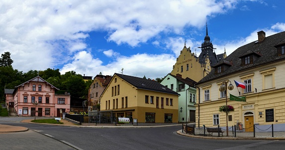 Semily, Czech Republic, July 5, 2020: View of the center of the East Bohemian town of Semily. The town has two museums: the Museum and Regional Gallery (seen right) and the Museum of Raspers.