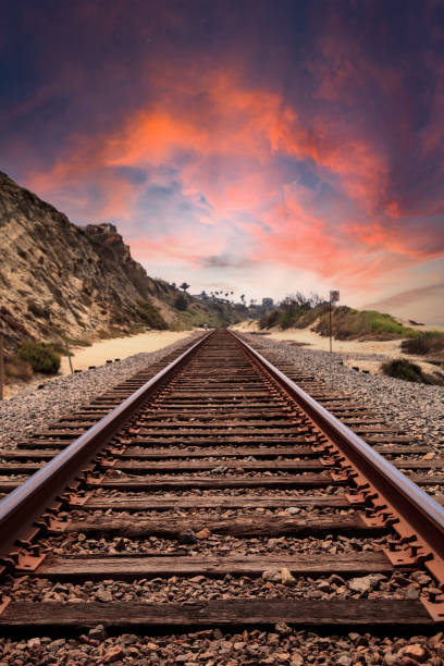 Sunset over Train tracks run through San Clemente State Beach in Southern California in summer.
