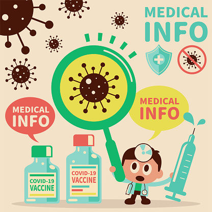 Cute healthcare and medicine characters vector art illustration.
Cute doctor wearing concave mirror and stethoscope holding a big magnifying glass and syringe and Vaccine bottle to protect against coronavirus disease (COVID-19, flu virus).
Cute characters with big head and small body.