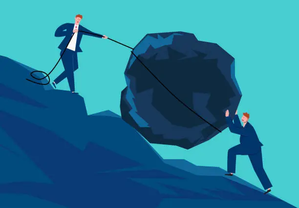 Vector illustration of Two businessmen pushed the huge rock to the top of the mountain together