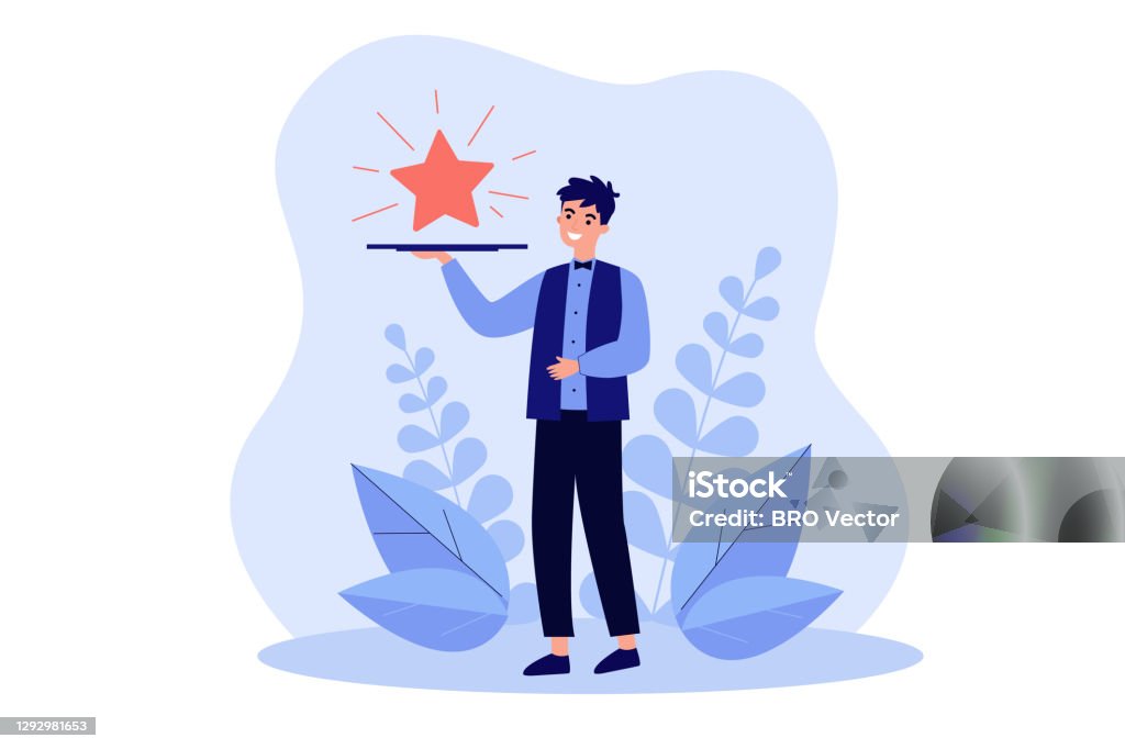 Waiter carrying star on tray Waiter carrying star on tray. Restaurant offering premium service. Vector illustration for premium quality, vip bonus, advertisement concepts Carrying stock vector Waiter carrying star on tray Waiter carrying star on tray. Restaurant offering premium service. Vector illustration for premium quality, vip bonus, advertisement concepts Carrying stock vector