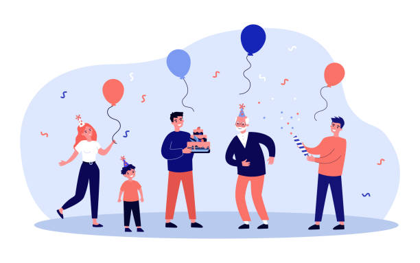 Happy family celebrating grandfather birthday Happy family celebrating grandfather birthday. Kid, cake, balloon flat vector illustration. Celebration and holiday concept for banner, website design or landing web page birthday family stock illustrations
