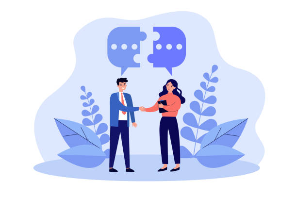 Couple of business people meeting Couple of business people meeting, shaking hands and talking. Speech bubble, connecting halves of puzzle above them. Vector illustration for dialogue, cooperation teamwork concepts job centre stock illustrations