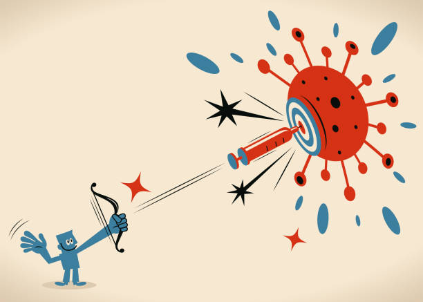 ilustrações de stock, clip art, desenhos animados e ícones de blue man is shooting vaccine syringe as an arrow (dart) hitting the bulls-eye target, protecting against coronavirus disease (covid-19, flu virus), creating 100 percent antibody on coronavirus - bulls eye dart target dartboard