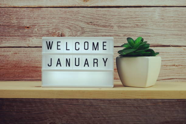 istock Welcome January word in light box on wooden shelves background 1292985241