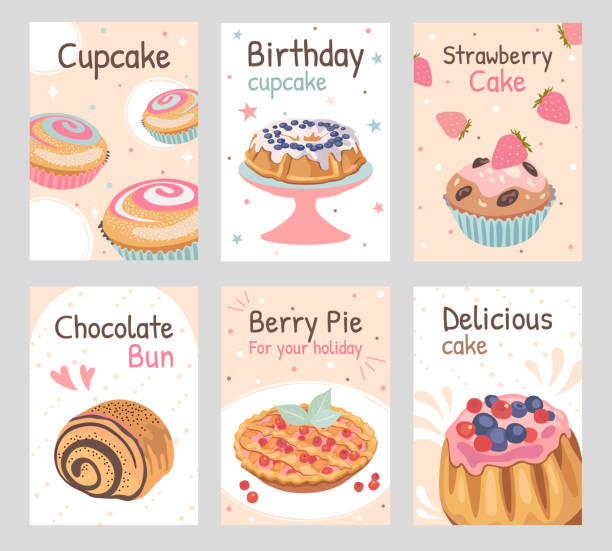 ilustrações de stock, clip art, desenhos animados e ícones de baked dessert flyers set - birthday cupcake pastry baking