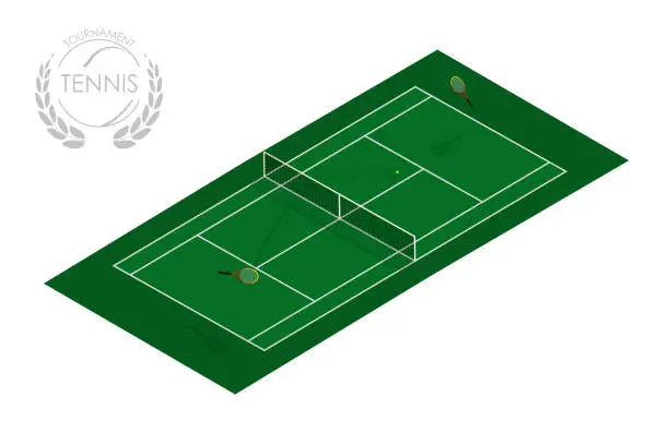 Vector illustration of sports tennis court with rackets and ball. Active lifestyle. Isometric vector