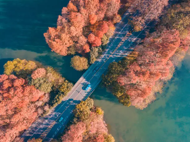 Aerial view of the west lake in Hangzhou, China, during autumn time.