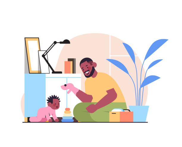 father playing with little son at home fatherhood parenting concept dad spending time with kid african american father playing with little son at home fatherhood parenting concept dad spending time with his kid horizontal full length vector illustration baby play stock illustrations