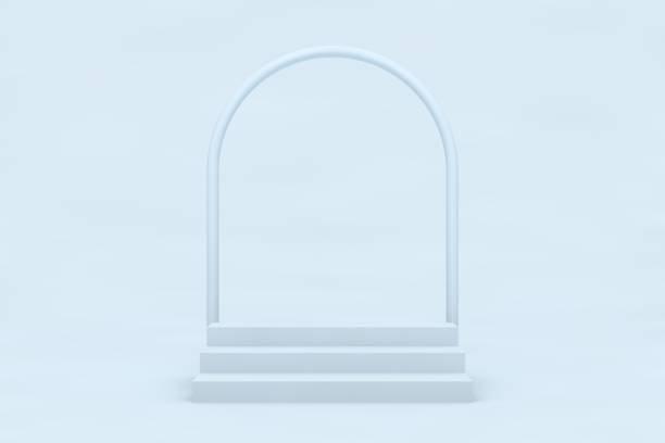 istock Blue arc with stairs in empty pink room, realistic 3d illustration. Winners podium front view, conceptual interior design with empty space for merchandising 1292990983