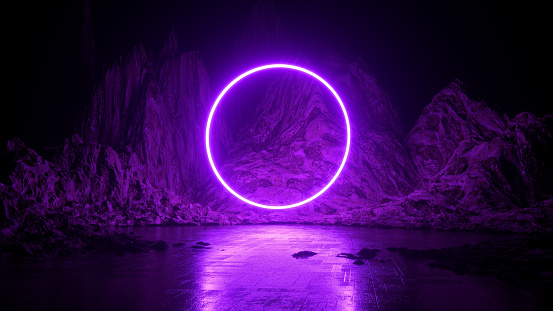 Abstract neon background, mystical space, pink glowing ring, dark space, ultraviolet light. 3d rendering, 3d illustration