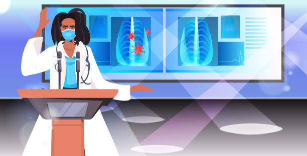 женщина-врач в маске, выступая с речью на трибуне с микрофоном борьбы с коронавирусом медицинской конференции - human lung audio stock illustrations