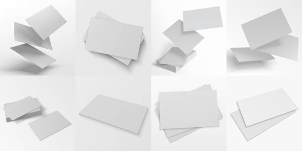 istock Business card mockup. Realistic blank stacks, sheets of paper and flying pages. Cardboard flyers lie on smooth surface. Visual design elements for presentation with copy space, vector set 1292993407