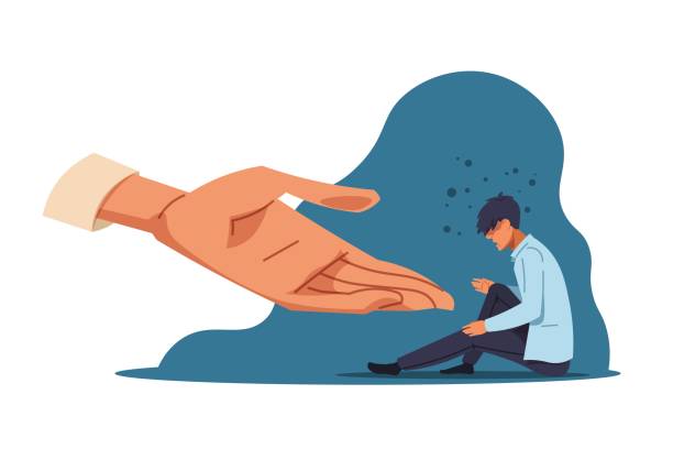 ilustrações de stock, clip art, desenhos animados e ícones de human help. anxiety person in depression and supporting hand. confused man sitting on the floor. mental health and human empathy. psychological or psychiatric therapy, vector concept - fobia ilustrações