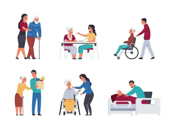 Vector illustration of Elder people care. Volunteers helping old people. Cartoon young men and women support retirement persons. Disabled senior humans walking with cane and moving in wheelchair, vector set