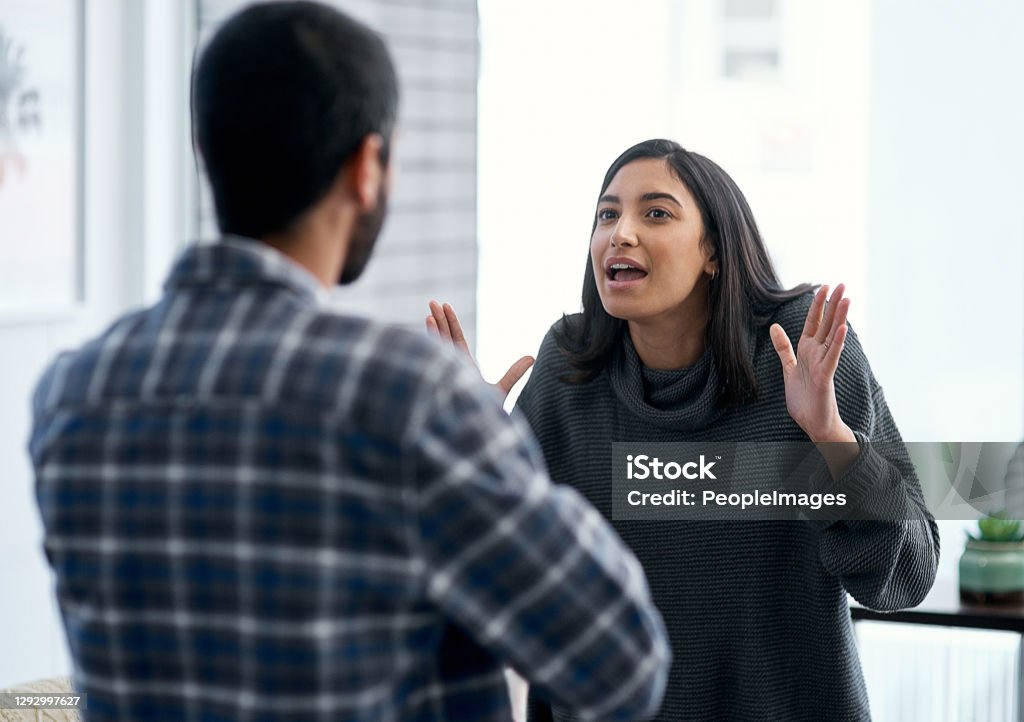Why are fighting?? We're on the same team?? Shot of a young couple having an argument at home Arguing Stock Photo