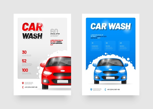 Vector layout design with car for car wash service. Adapt to poster, flyer or banner. A4 size.