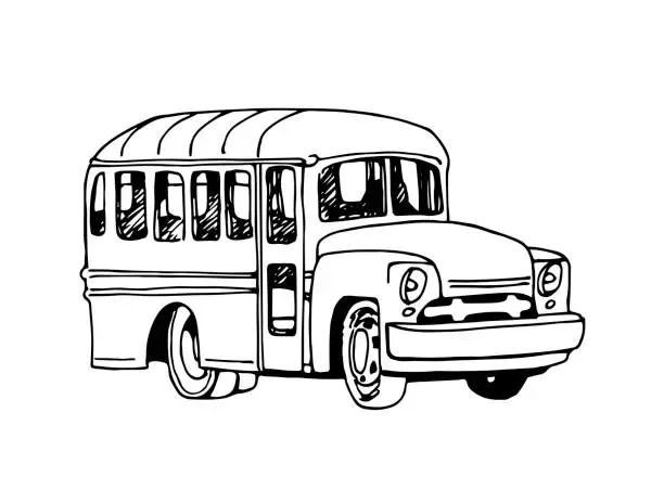 Vector illustration of old American travel or school bus of the 70s, vector illustration with black ink