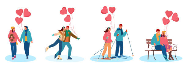 ilustrações de stock, clip art, desenhos animados e ícones de set of young couples in love with balloons celebrating saint valentine's day outdoors - snow winter bench park