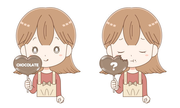 ilustrações, clipart, desenhos animados e ícones de garota segurando chocolate na mão - child valentines day candy eating