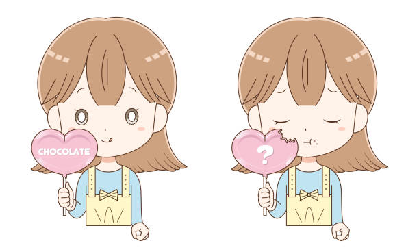 ilustrações, clipart, desenhos animados e ícones de garota segurando chocolate de rubi na mão - child valentines day candy eating