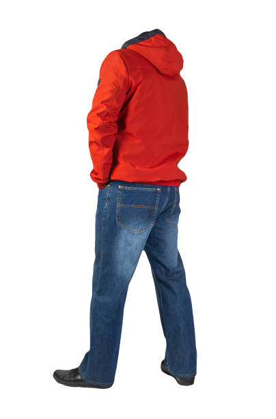 istock dark blue jeans, black leather shoes, jacket isolated on white background. 1293002557