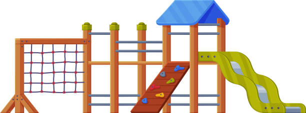 istock Colorful Wooden Slide with Climbing Wall and Ladder on Playground Vector Illustration 1293003388