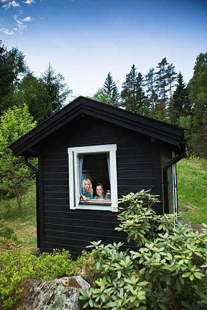 девочки, глядя в окно барак - sibling sweden family smiling стоковые фото и изображения