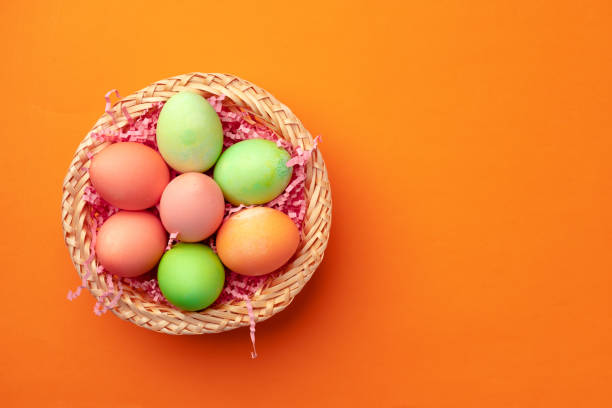istock Easter eggs in a nest on orange background 1293009434