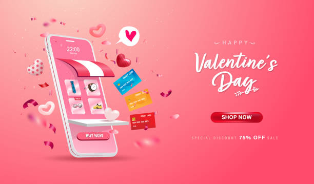 ilustrações, clipart, desenhos animados e ícones de feliz dia de são valentim. loja de compras online no site e design de celular. conceito inteligente de marketing de negócios. - cartão de saudações