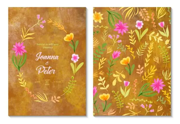 Vector illustration of Wedding Invitation Card Design with Hand Drawn Watercolor Spring Flowers with Gold Background. Wedding Concept, Design Element.