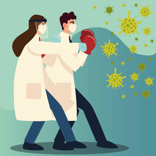 istock covid 19 virus protection two doctors hitting with masks and gloves vector design 1293011399