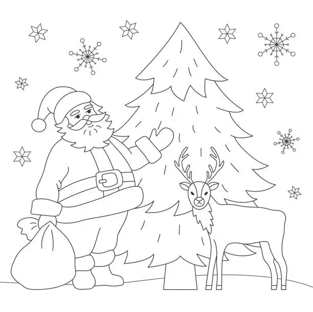 Vector illustration of Coloring book Santa and deer.