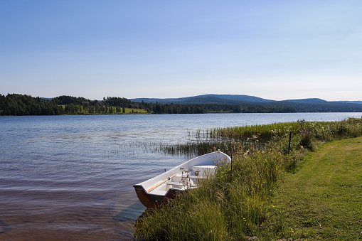 Lifeboat at lakeshore of Kalvsjön in järvsö, Ljusdal municipality, summer 2020