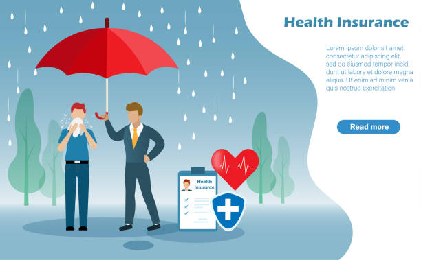 ilustrações, clipart, desenhos animados e ícones de homem espirrando na chuva com agente de seguros segurando guarda-chuva para proteção da saúde. ideia para seguro de saúde - security umbrella rain currency