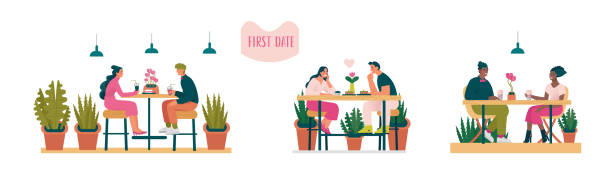 яркие пары на первом свидании в кафе или restraunt. - полюбите сначала взгляд stock illustrations
